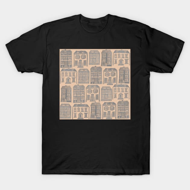 Little Houses in Grey and Peach T-Shirt by Maddybennettart